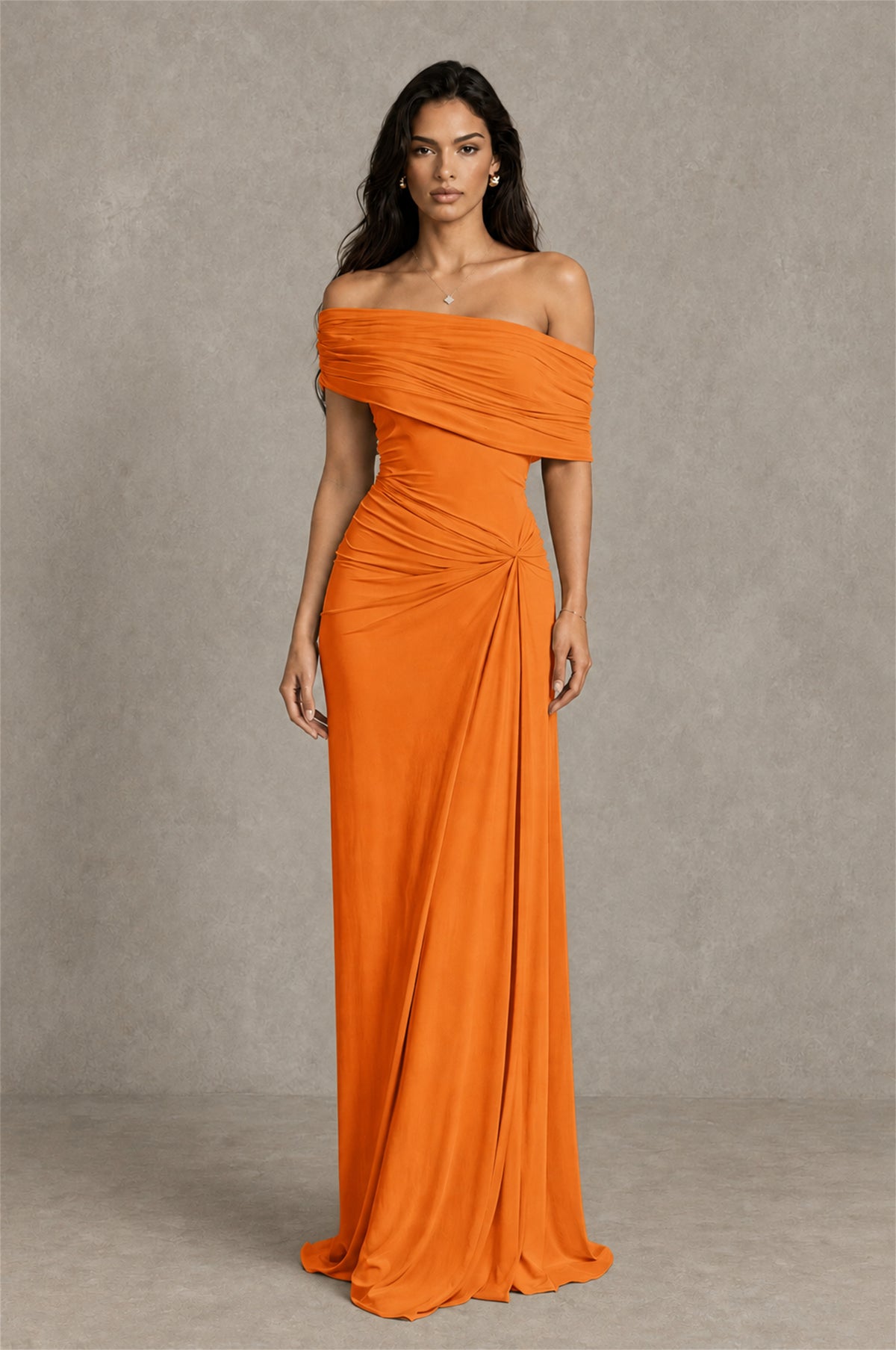 BOLODOO Orange Off-Shoulder Ruched Maxi Dress - Orange