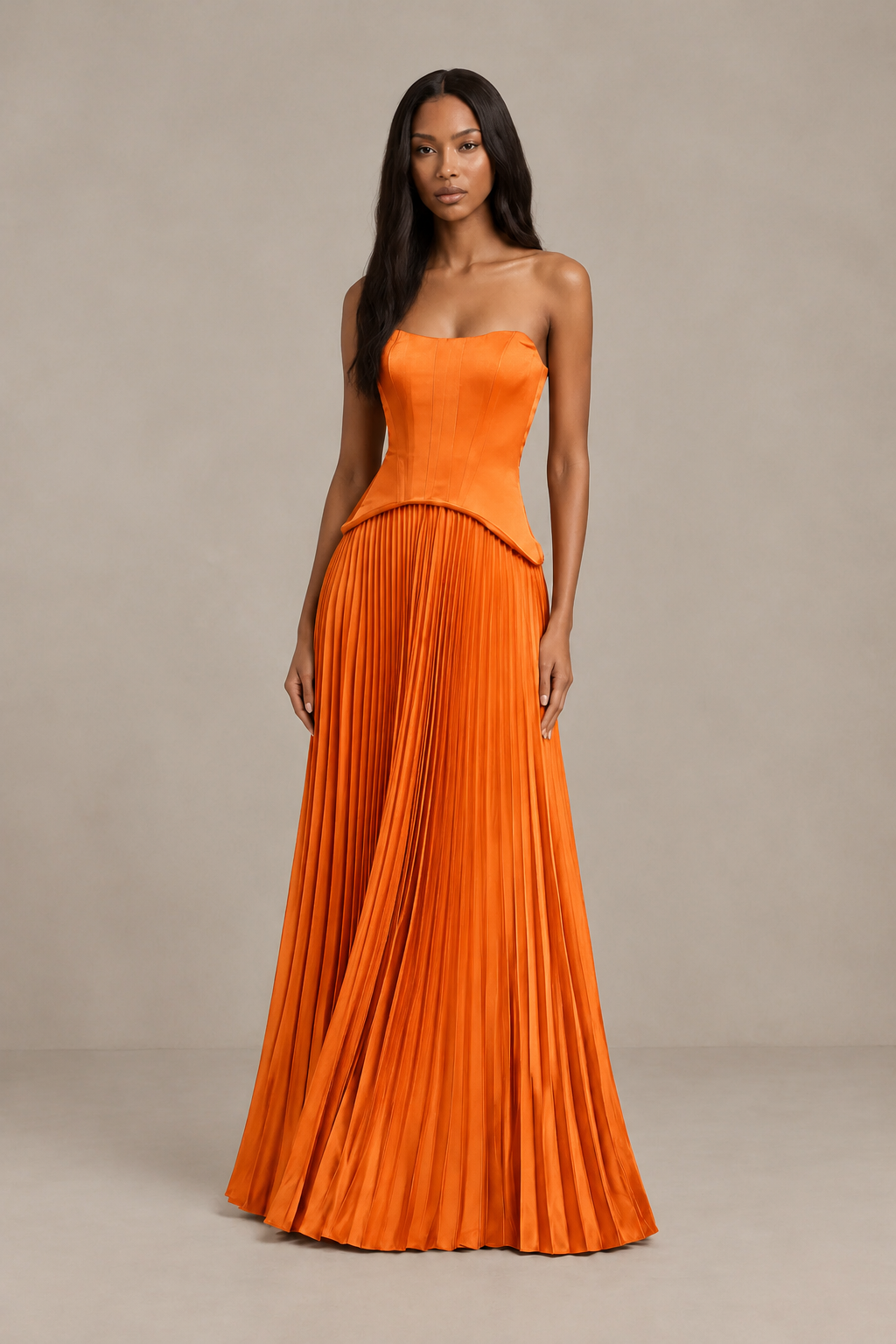 BOLODOO Orange Strapless Pleated Satin Evening Prom Dress - Orange