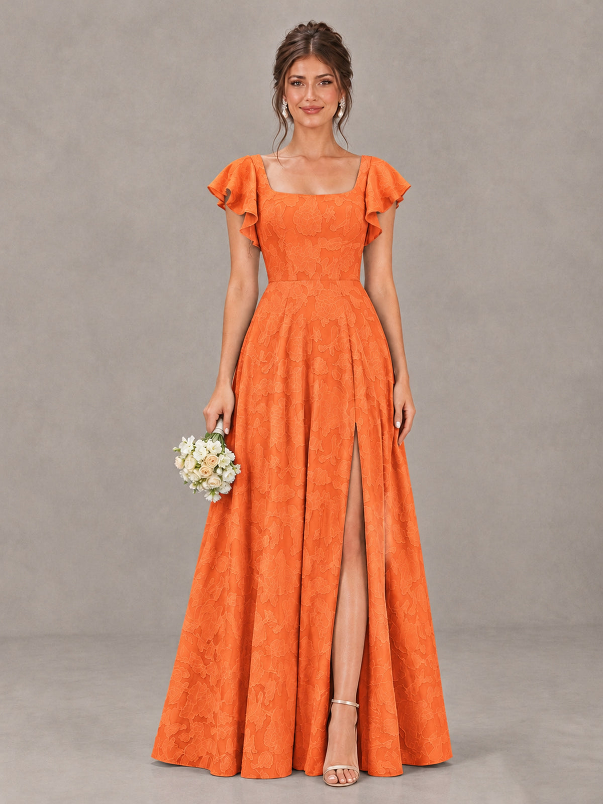 BOLODOO Orange Floral Flutter Sleeve Bridesmaid Dress with Slit - Orange - Orange (1)