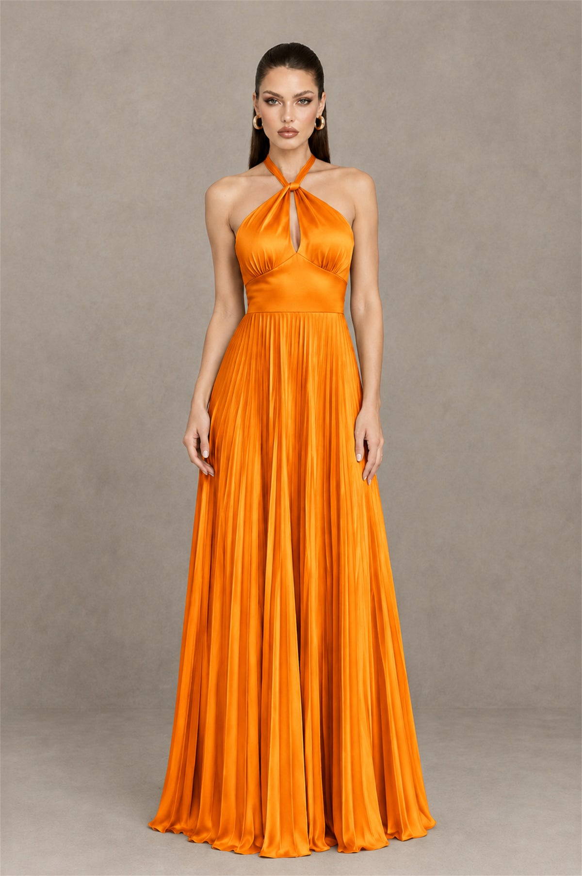 BOLODOO Orange Halter Pleated A-Line Evening Dress - Orange - Orange (1)