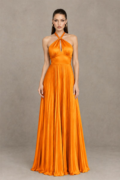 BOLODOO Orange Halter Pleated A-Line Evening Dress - Orange - Orange (1)