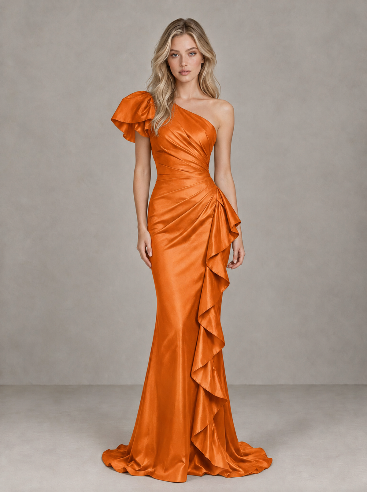BOLODOO Orange One-Shoulder Satin-Look Mermaid Evening Dress with Ruffles - Orange - Orange (1)