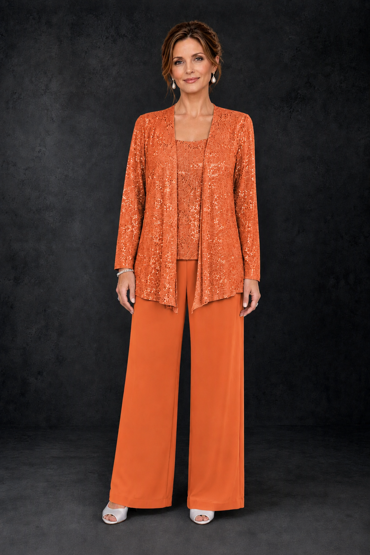 BOLODOO Orange Sequin Lace 3-Piece Pant Suit with Long Sleeve Jacket - Orange - Orange (1)