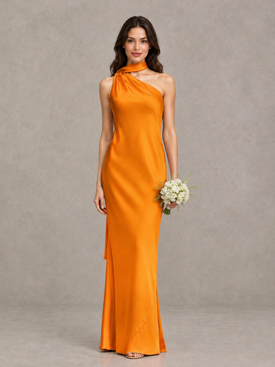 BOLODOO Orange Satin One-Shoulder Bridesmaid Dress with Open Back - Orange - Orange (1)