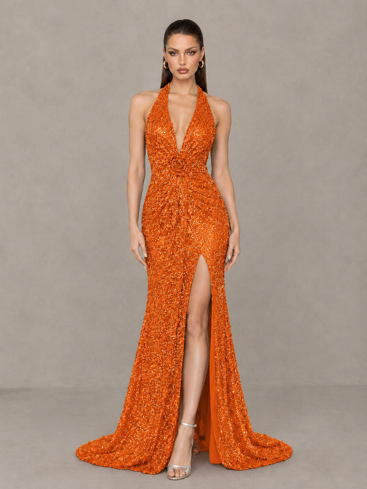 BOLODOO Orange Sequin Halter Open Back Evening Gown with High Slit - Orange - Orange (1)
