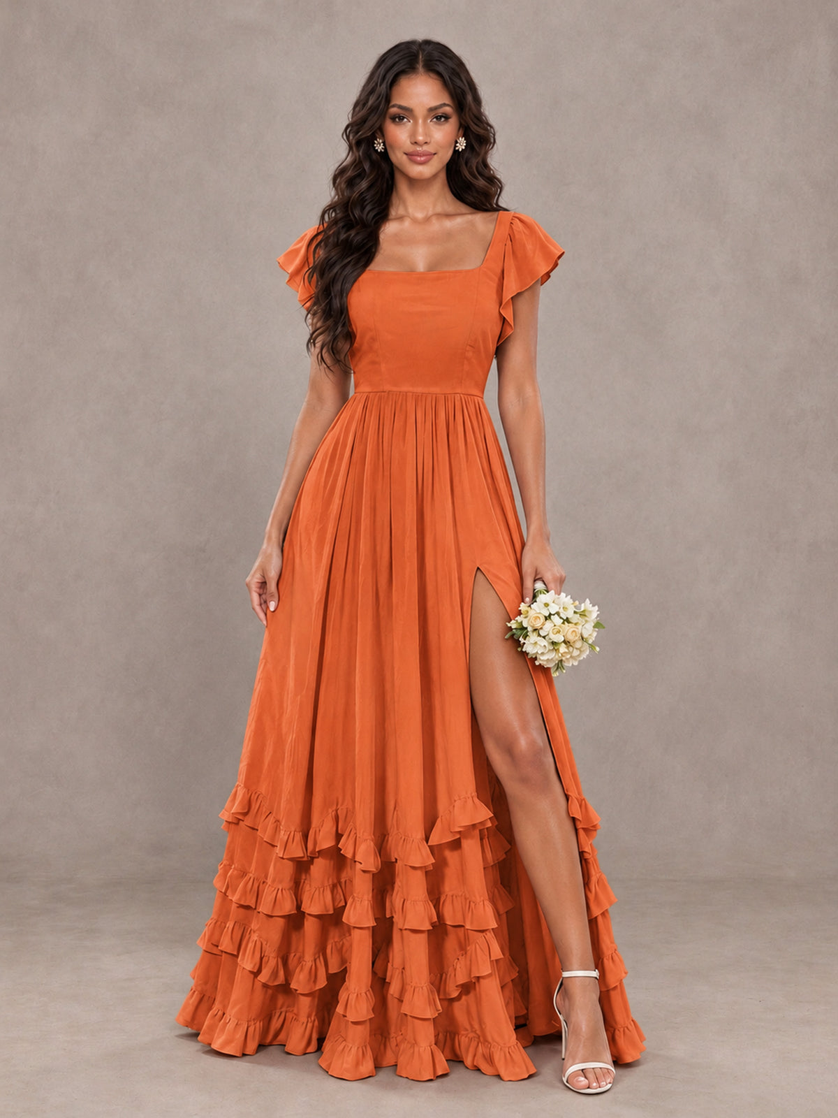 BOLODOO Orange Flutter Sleeve Ruffle Bridesmaid Dress with Slit - Orange - Orange (1)