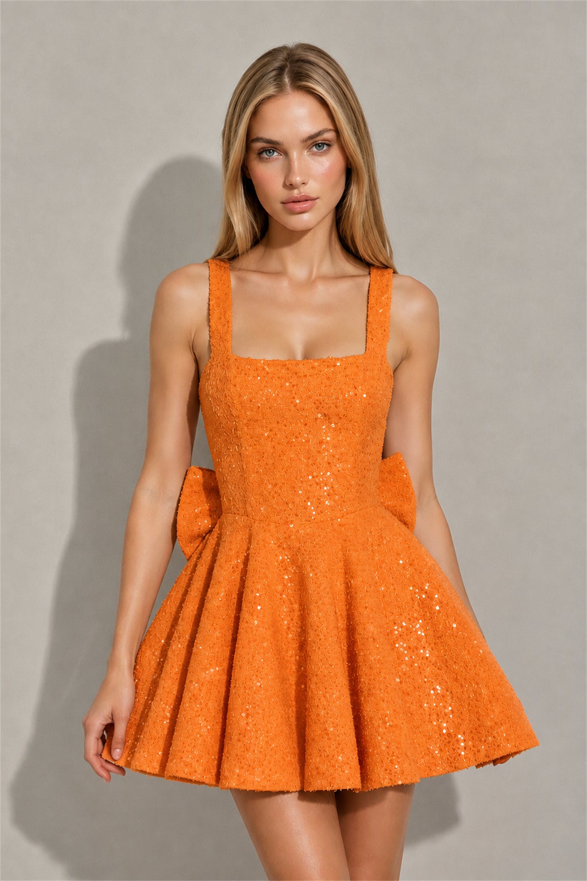 BOLODOO Orange Sequin Square Neck Wide Strap Bow Waist Open Back Fit and Flare Mini Dress | Prom Birthday Party Dress - Orange