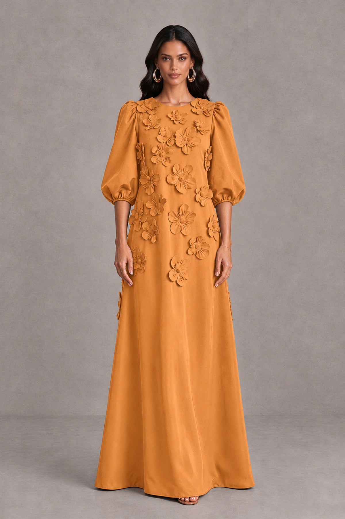 BOLODOO Orange Floral Applique Puff Sleeve A-Line Evening Dress - Orange - Orange (1)