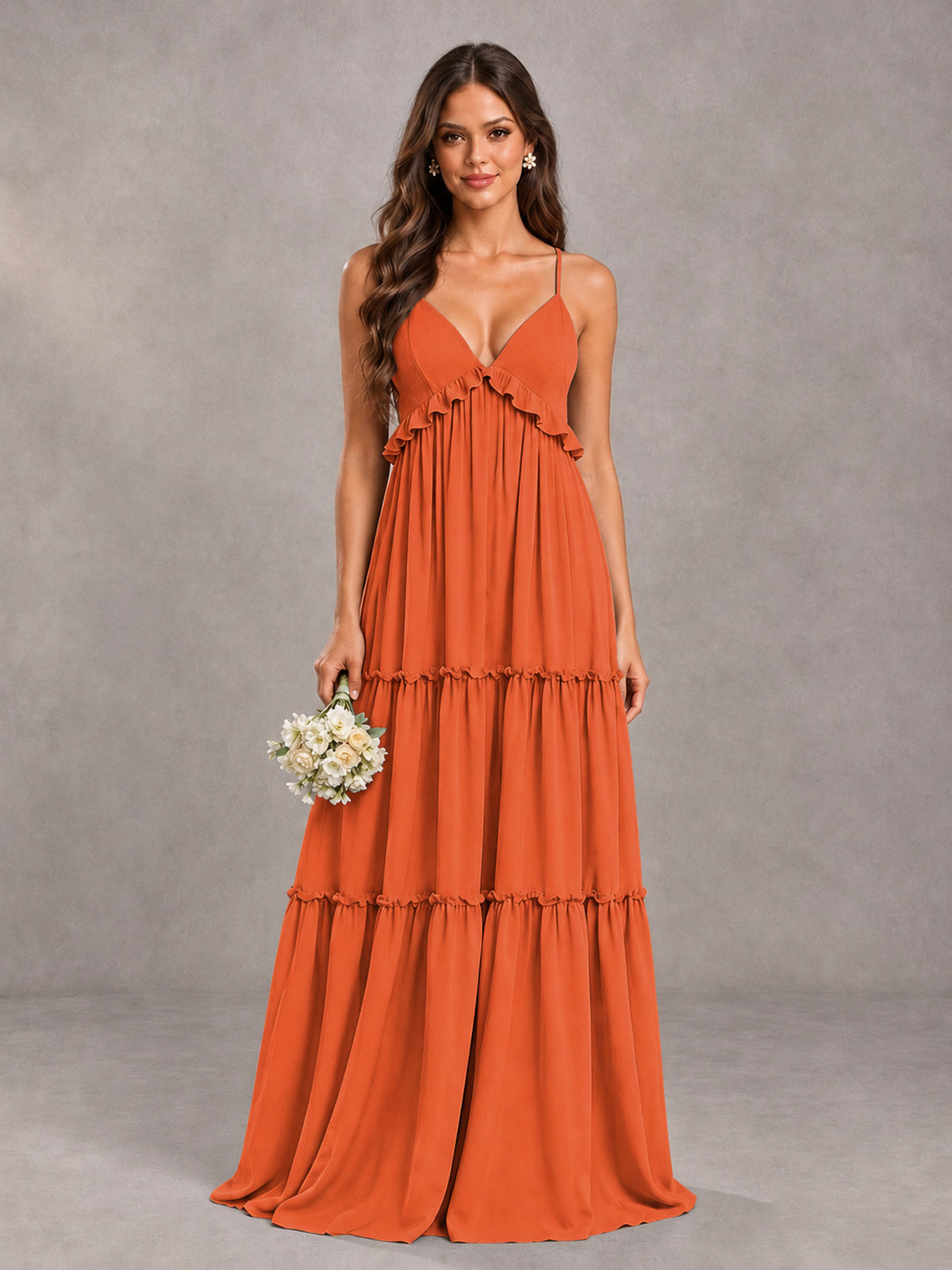 BOLODOO Orange Tiered V-Neck Lace-Up Back Bridesmaid Dress - Orange - Orange (1)