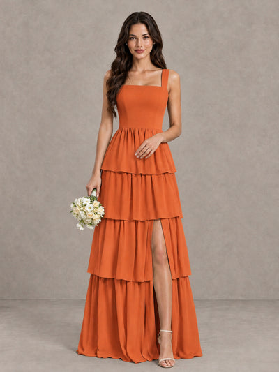 BOLODOO Orange Square Neck Tiered Bridesmaid Dress with Slit - Orange - Orange (1)