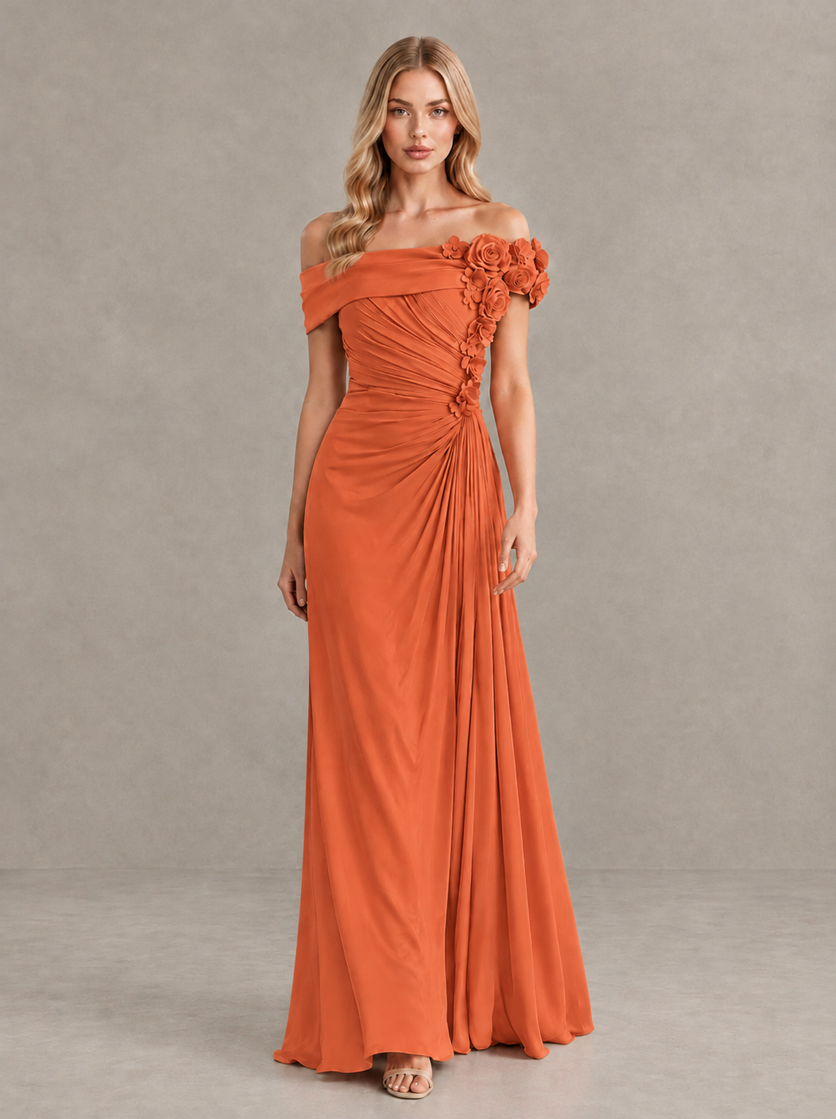 BOLODOO Orange Off-Shoulder Floral Applique Wedding Guest Maxi Dress - Orange - Orange (1)
