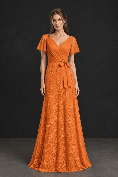 BOLODOO Orange Flutter Sleeve Lace Mother of the Bride Dress - Orange