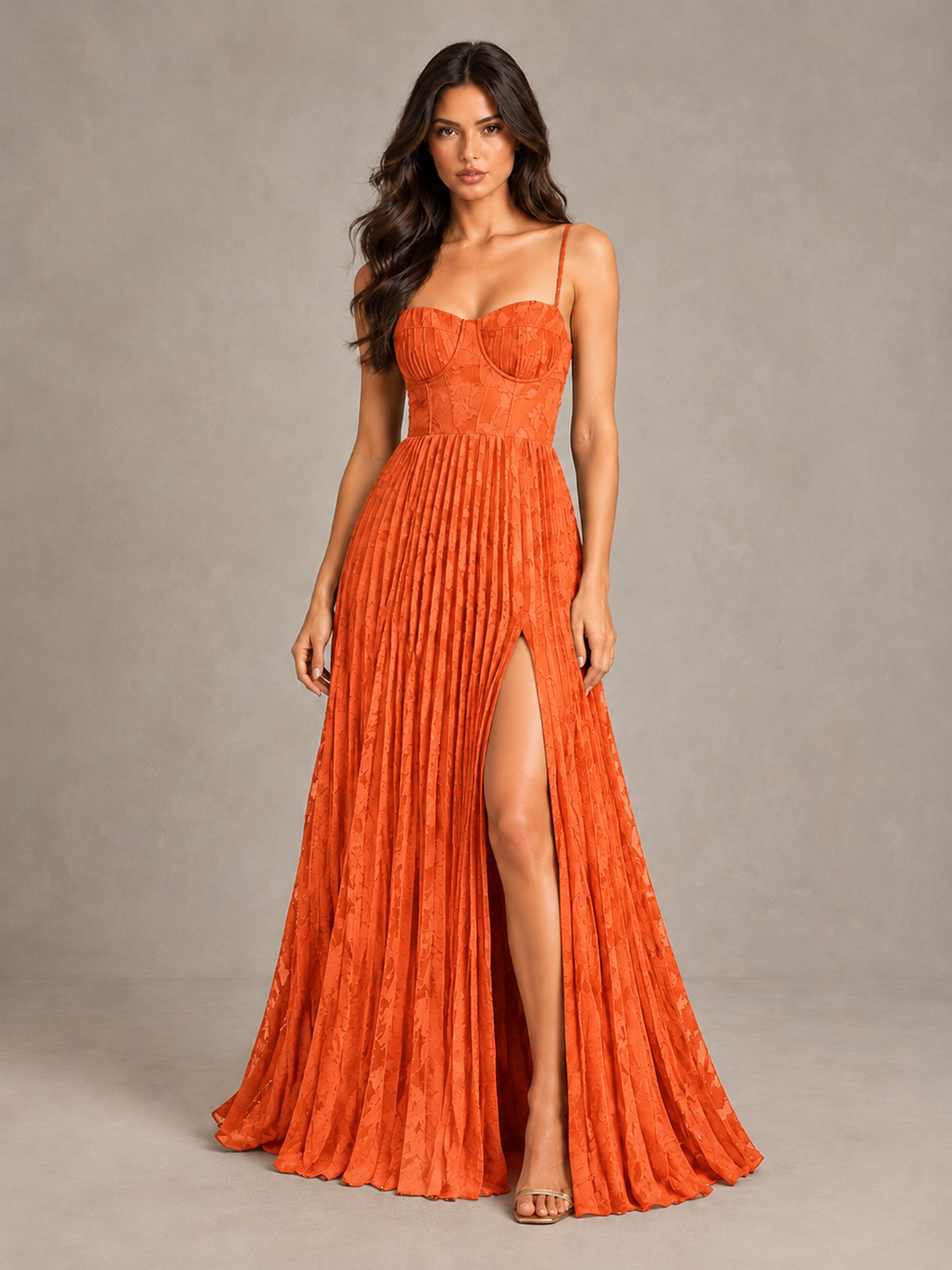 BOLODOO Orange Pleated Bridesmaid Dress with Sweetheart Neckline & Slit - Orange - Orange (1)