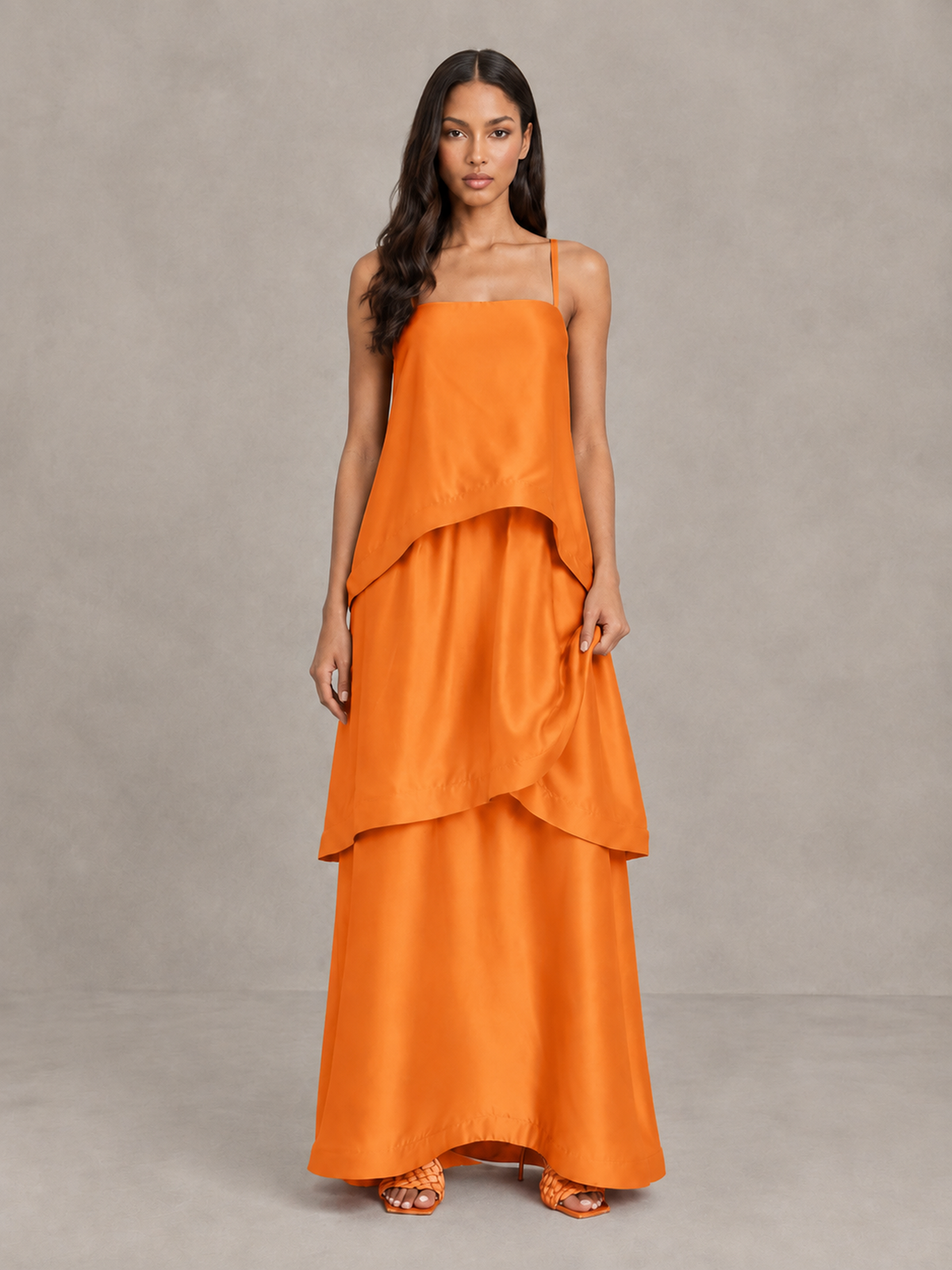 BOLODOO Orange Satin Tiered Maxi Dress with Spaghetti Straps - Orange