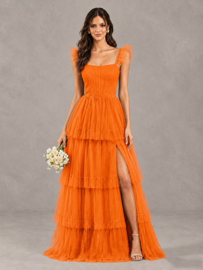 BOLODOO Orange Tiered Tulle Bridesmaid Dress with Slit - Orange - Orange (1)