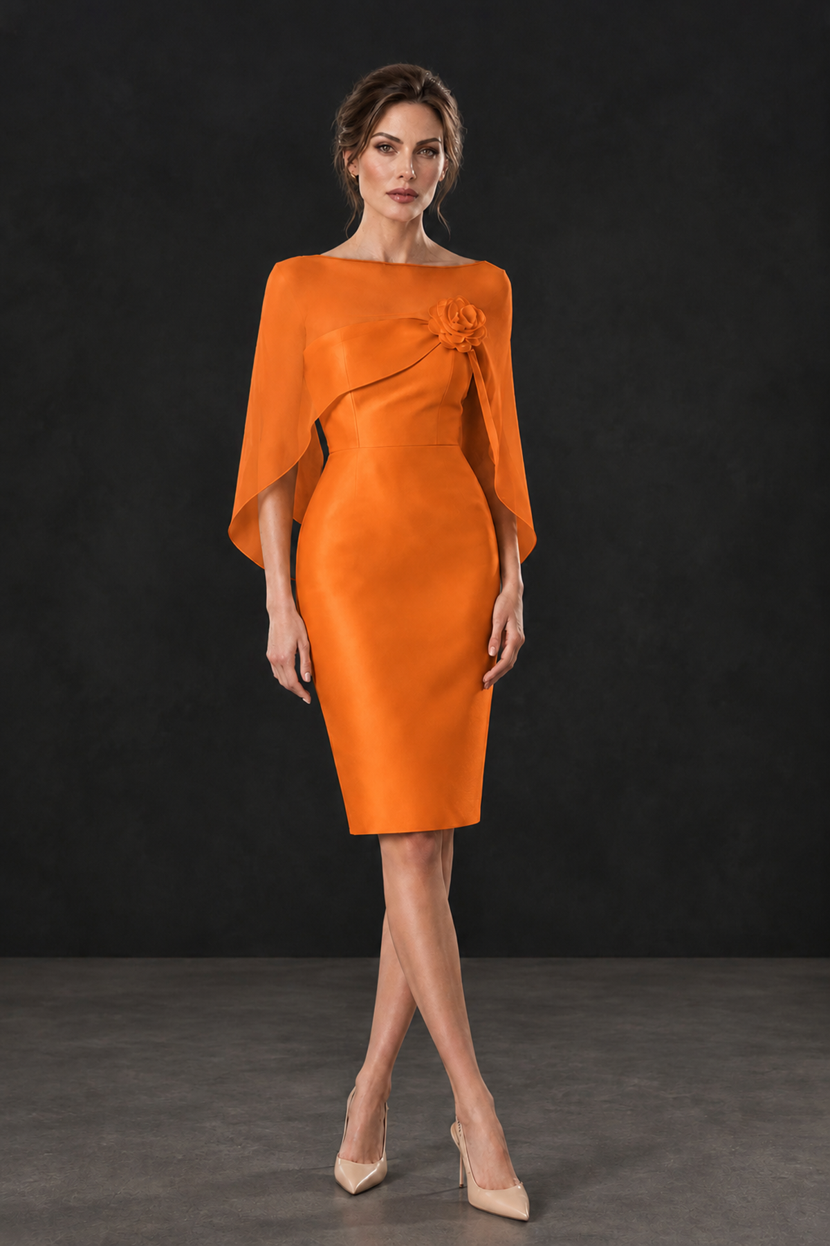 BOLODOO Orange Cape Knee-Length Mother of the Bride Dress - Orange - Orange (1)