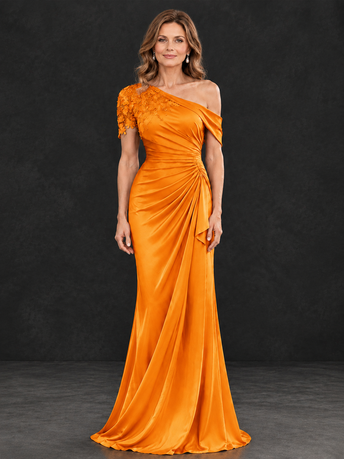 BOLODOO Orange Asymmetric Satin Mother of the Bride Dress with Lace Sleeve - Orange - Orange (1)