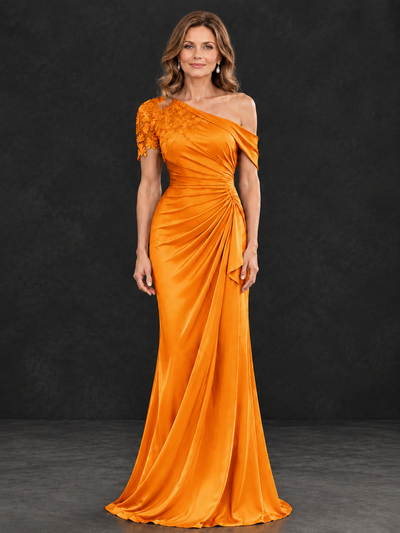 BOLODOO Orange Asymmetric Satin Mother of the Bride Dress with Lace Sleeve - Orange - Orange (1)