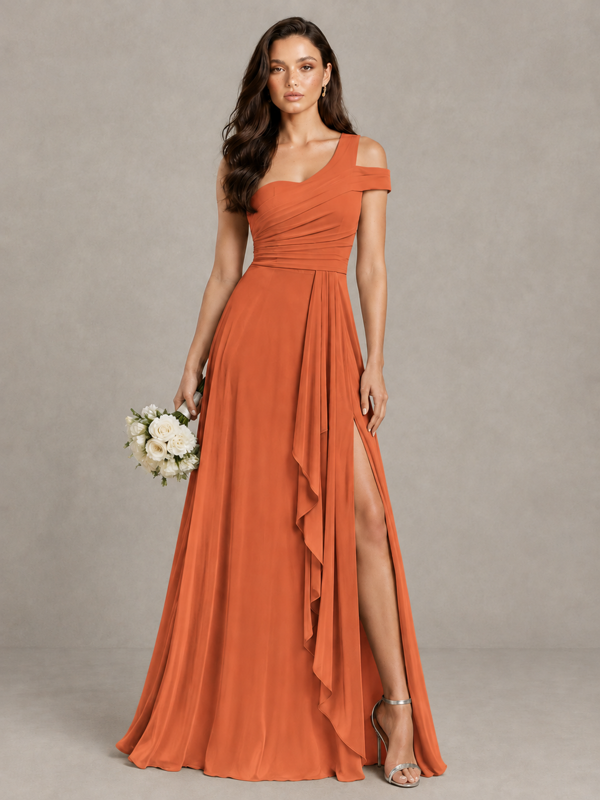 BOLODOO Orange One-Shoulder Bridesmaid Dress with Side Slit - Orange - Orange (1)