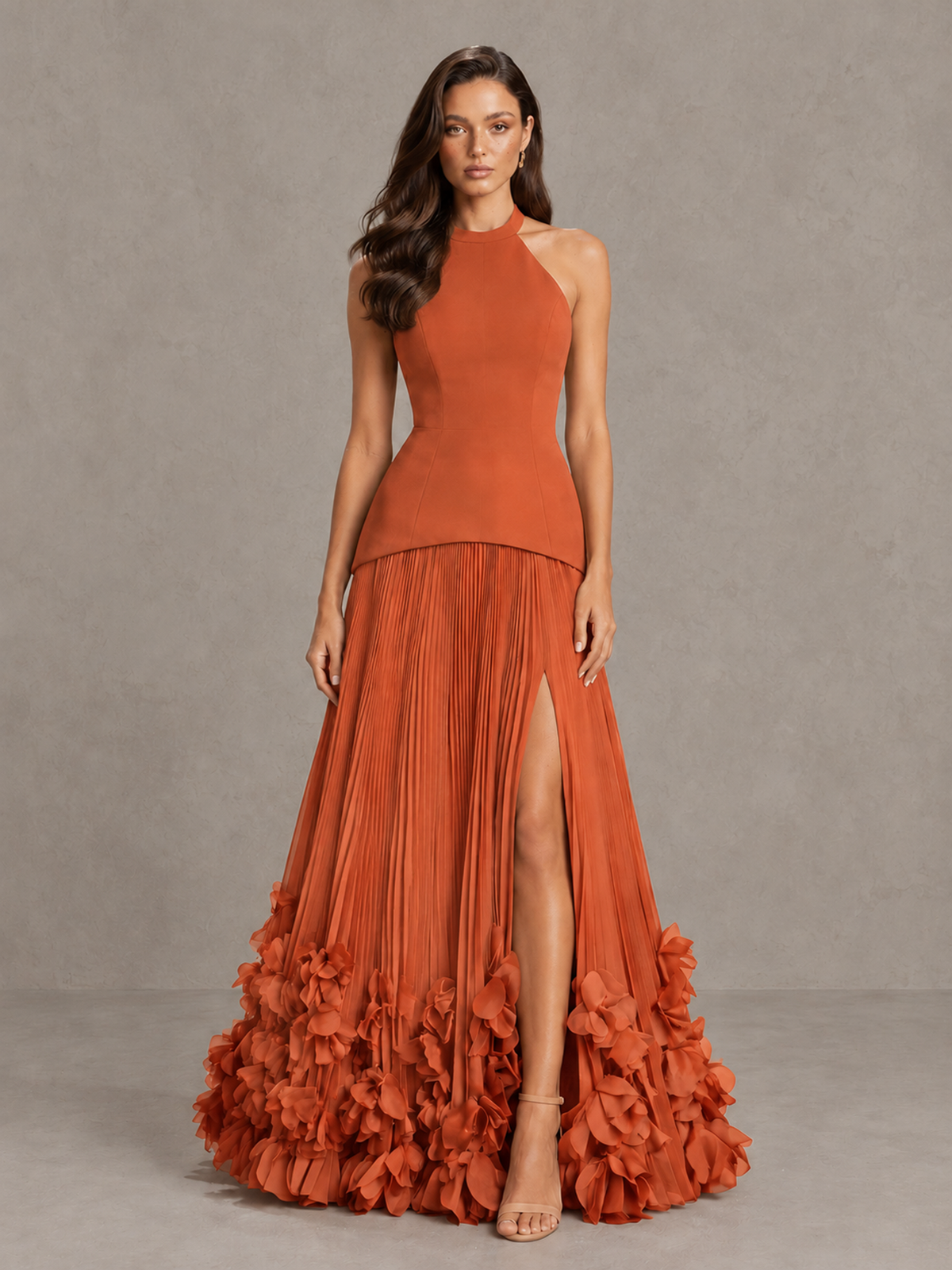 BOLODOO Orange Halter Neck Floor-Length Evening Gown with High Slit & 3D Floral Hem - Orange - Orange (1)