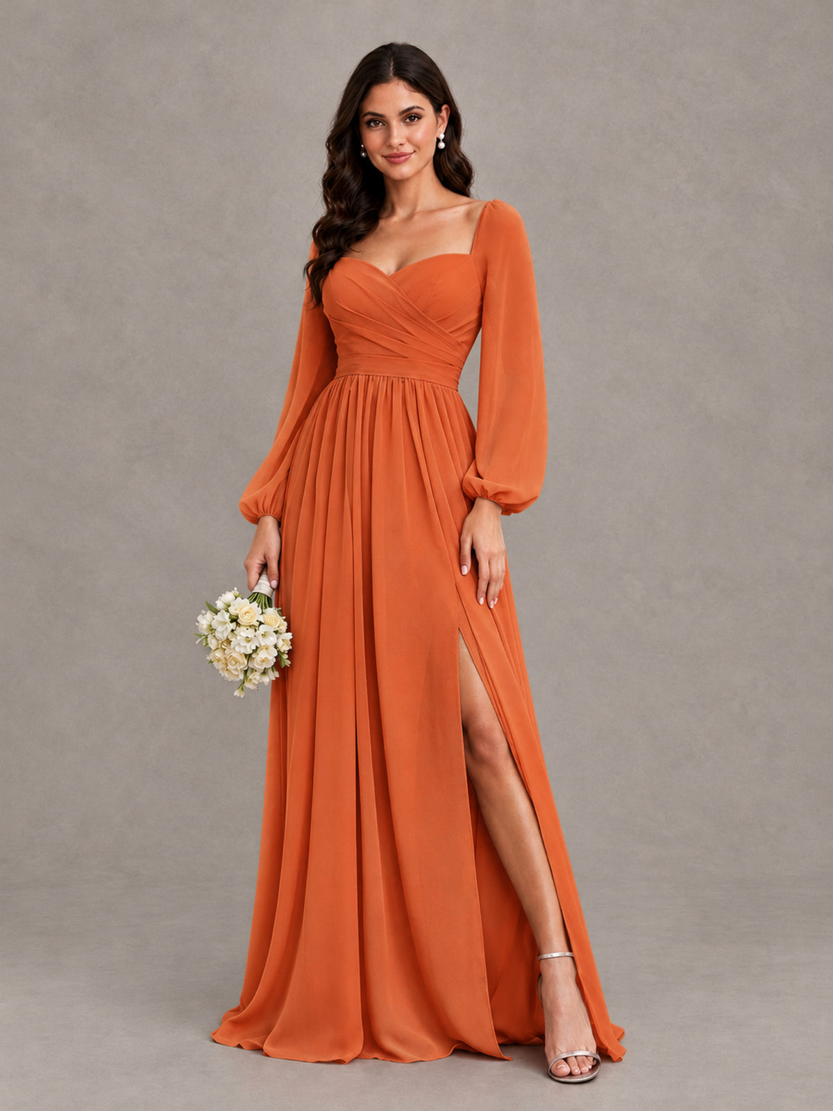 BOLODOO Orange Long Sleeve Chiffon Bridesmaid Dress with Slit - Orange - Orange (1)