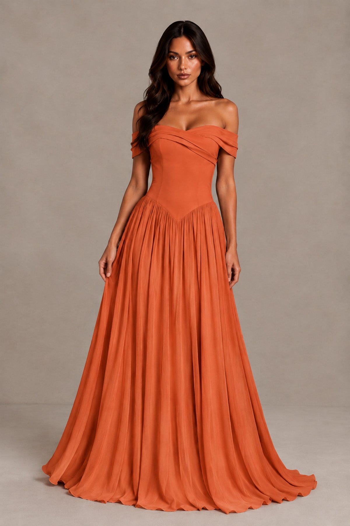 BOLODOO Orange Off-Shoulder Sweetheart Corset Pleated Chiffon Maxi Dress - Orange - Orange (1)