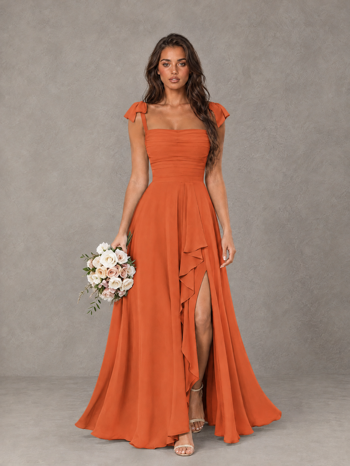 BOLODOO Orange Bow-Strap Bridesmaid Dress with Ruffle Slit - Orange - Orange (1)
