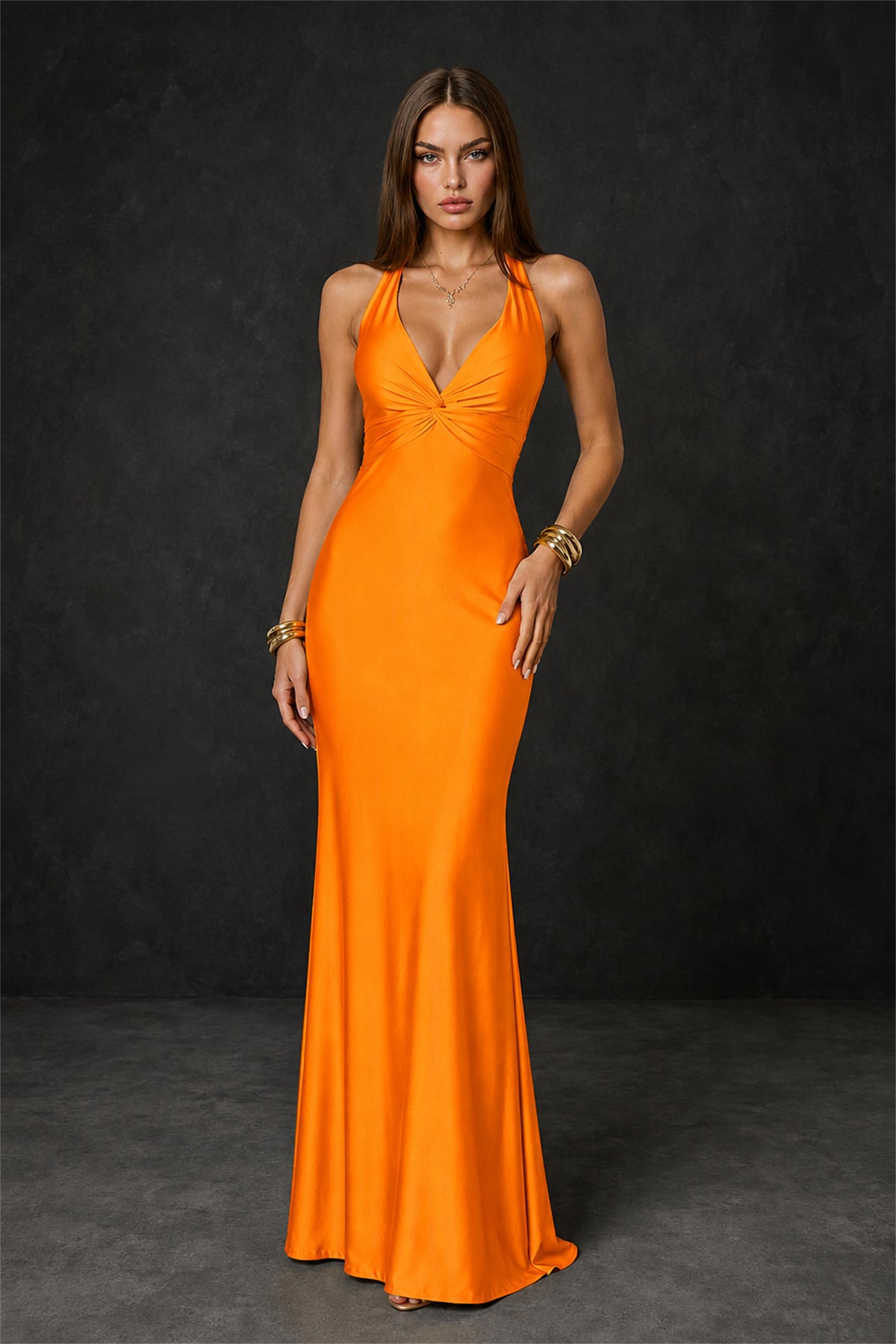 BOLODOO Orange Deep V Neck Twisted Knot Multi-Strap Halter Open Back Satin Mermaid Maxi Dress - Orange