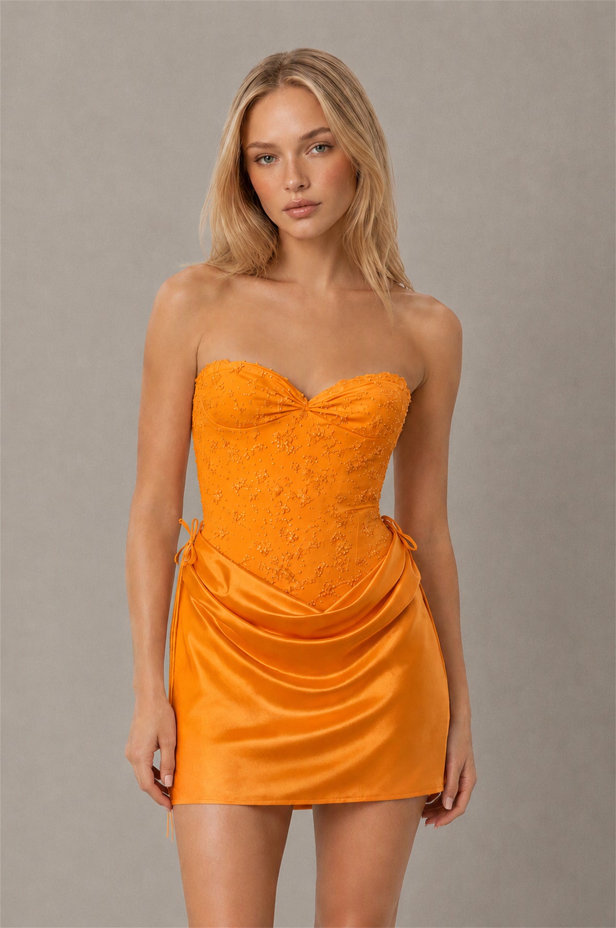 BOLODOO Orange Lace Corset Strapless Sweetheart Satin Mini Dress with Open Back - Orange