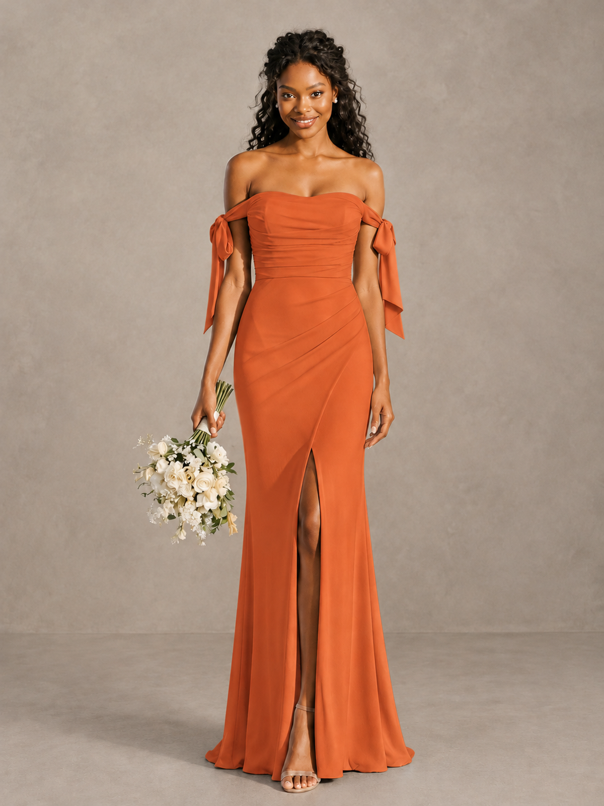 Orange Off-Shoulder Bow Bridesmaid Dress with Slit - Orange - Orange (1)