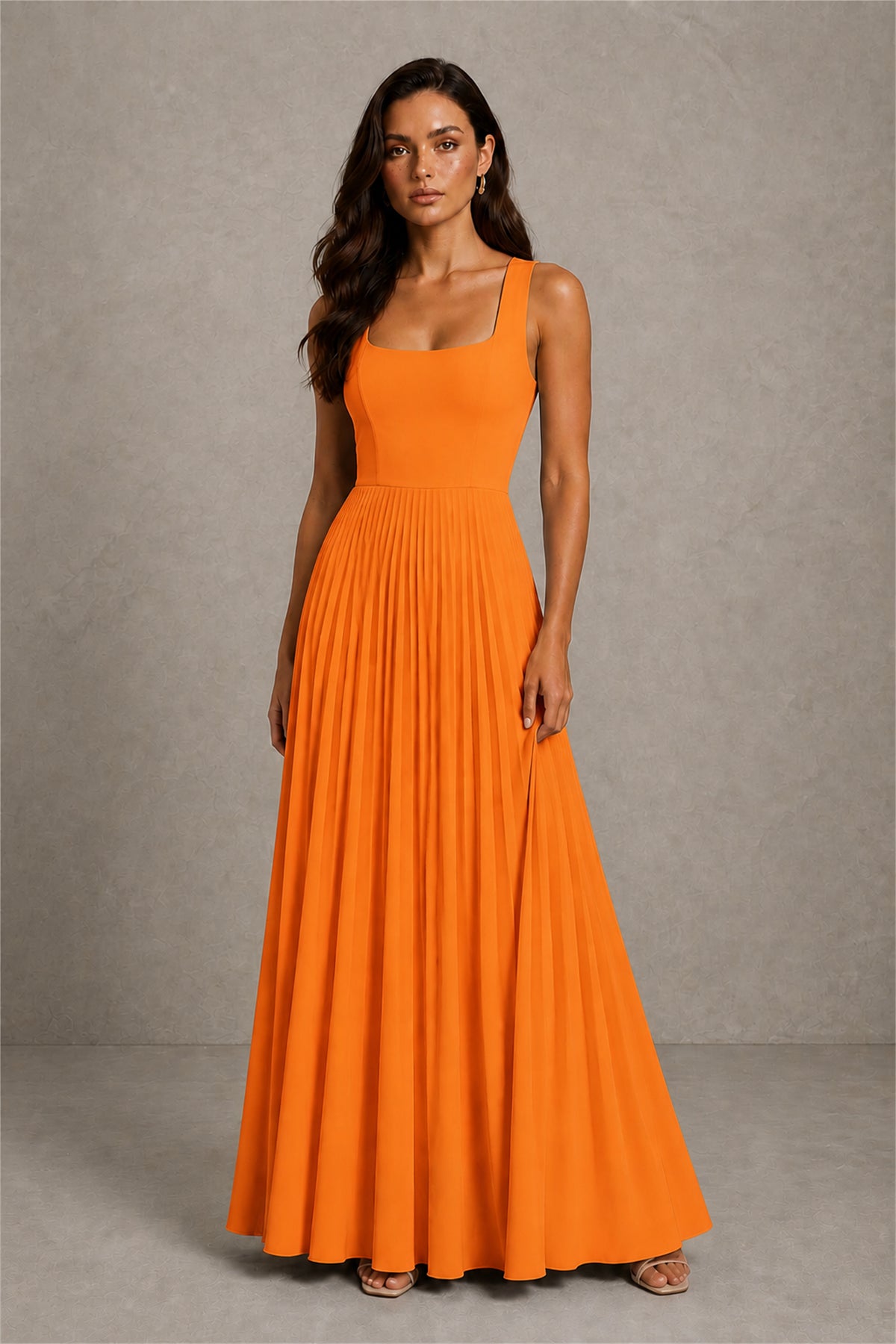 BOLODOO Orange Square Neck Wide Strap Lace-Up Back Pleated A-Line Chiffon Maxi Dress - Orange