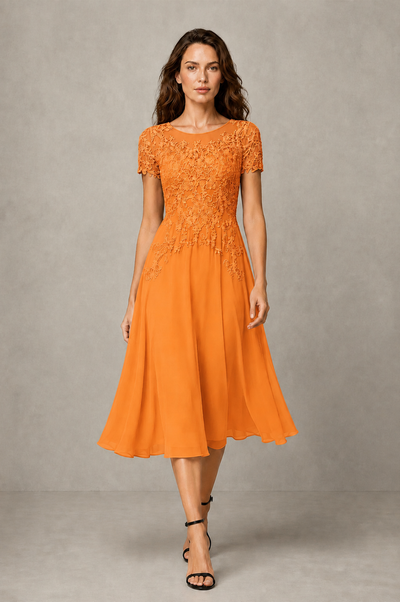 BOLODOO Orange Beaded Lace Illusion Bodice Chiffon Tea-Length Dress | Mother of the Bride & Cocktail Party - Orange