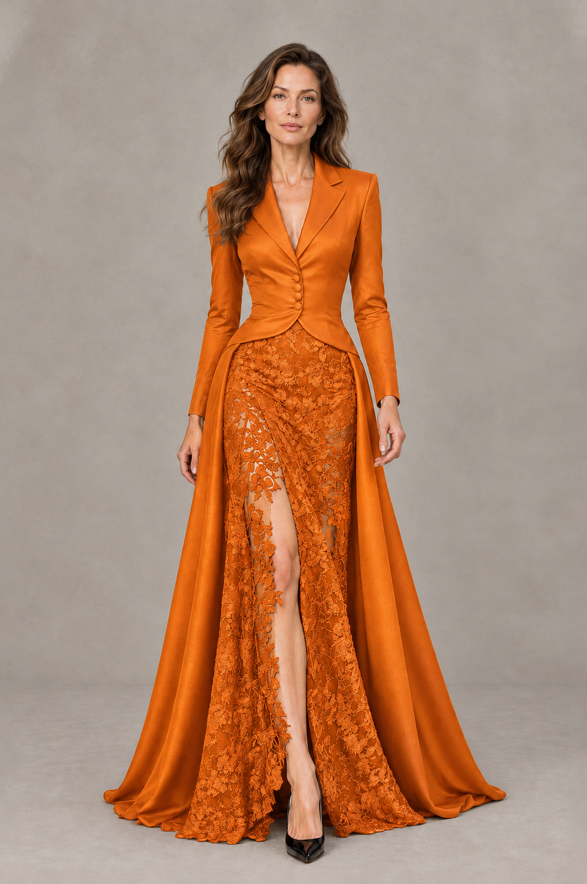 BOLODOO Orange Long Sleeve Lace Blazer Gown with High Slit - Orange - Orange (1)