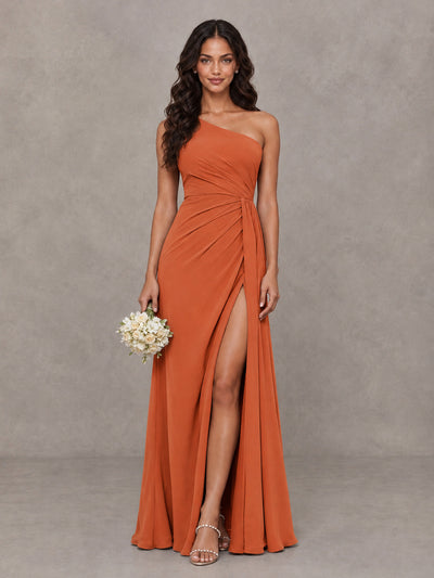 BOLODOO Orange One-Shoulder Chiffon Bridesmaid Dress with Ruched Bodice & High Slit - Orange - Orange (1)