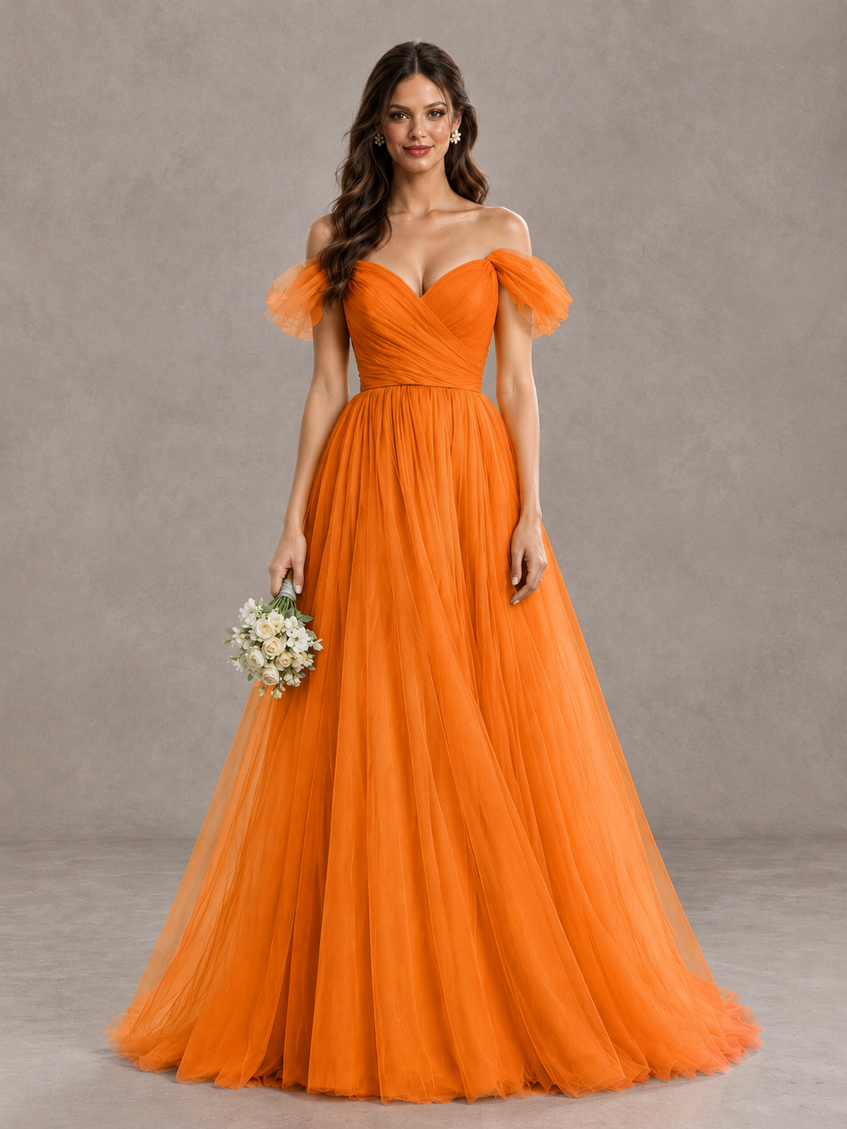BOLODOO Orange Off-the-Shoulder Ruffle Sleeve A-Line Bridesmaid Dress - Orange - Orange (1)