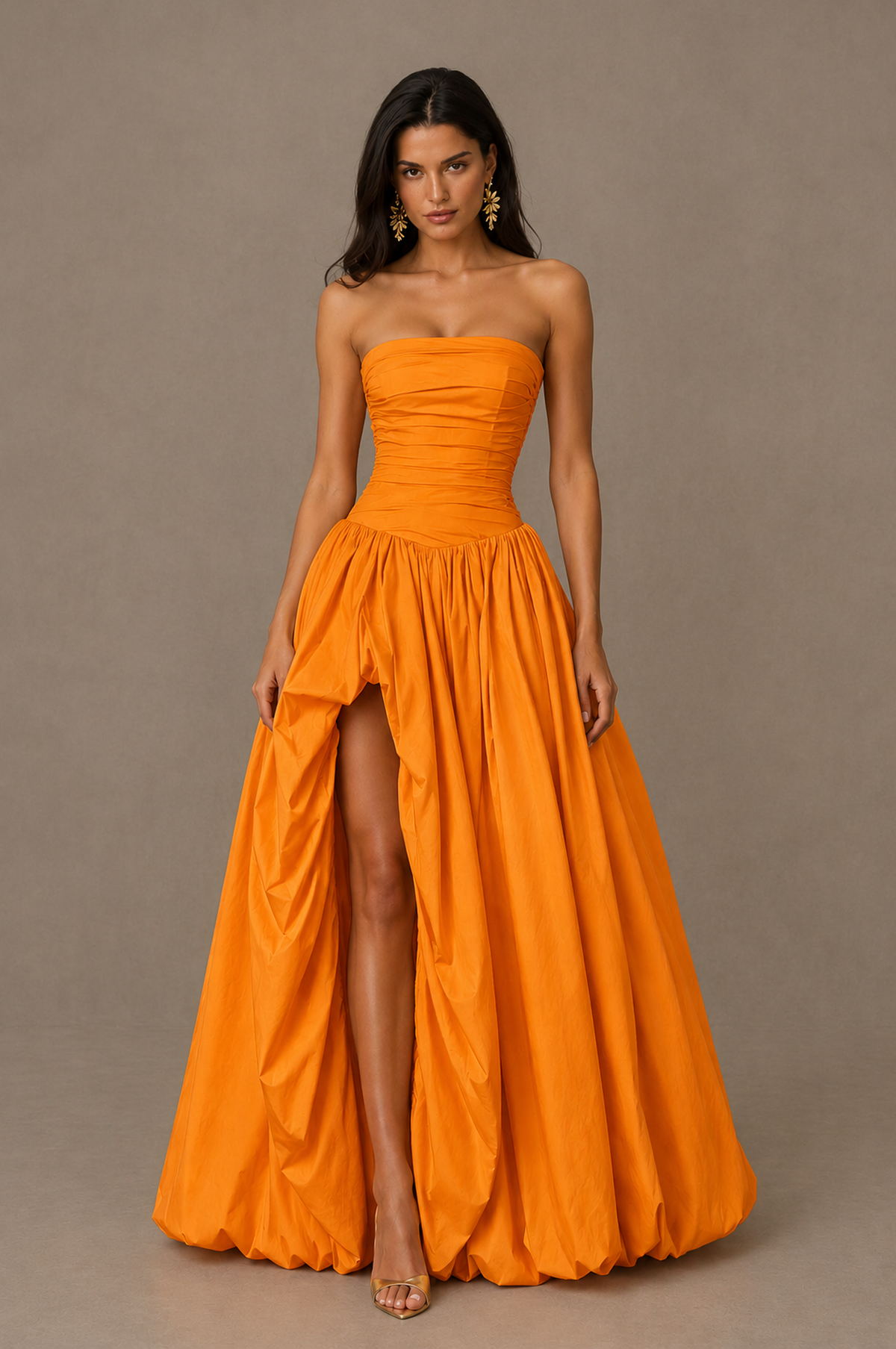 BOLODOO Orange Strapless Ruched Corset Lace-Up Back Bubble Skirt High Slit Taffeta Maxi Dress - Orange