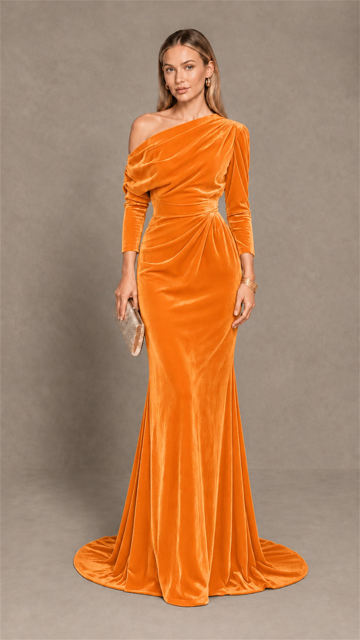 BOLODOO Orange Velvet One-Shoulder Long Sleeve Evening Gown - Orange