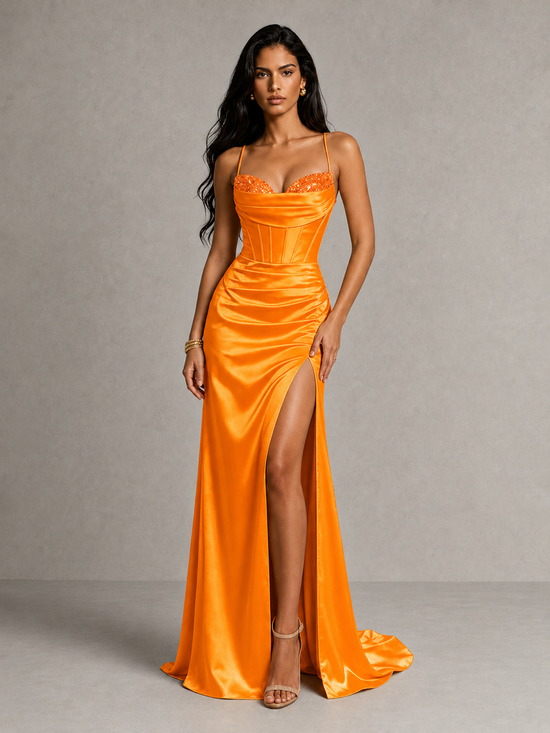 Orange Satin Corset Prom Dress with High Slit | BOLODOO