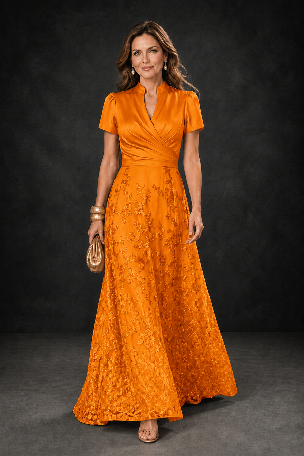 BOLODOO Orange Satin Wrap V-Neck Short Sleeve Lace Glitter A-Line Floor Length Evening Gown – Formal Dress - Orange - Orange (1)