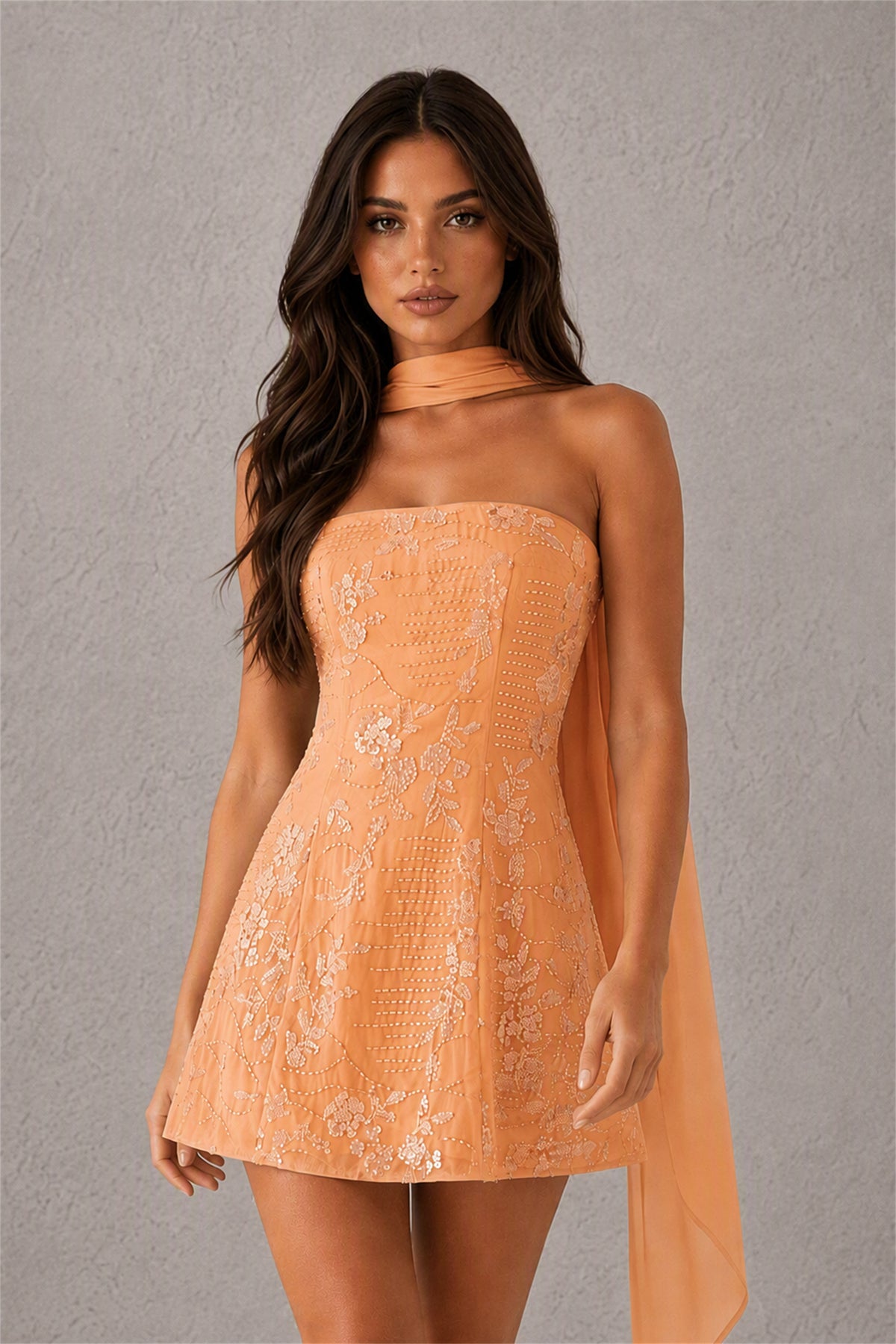 BOLODOO Orange Strapless Sequin Floral Embroidered Mini Dress with Detachable Chiffon Neck Scarf - Orange