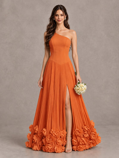 BOLODOO Orange One Shoulder Pleated Bridesmaid Dress with 3D Floral Hem and High Slit - Orange - Orange (1)