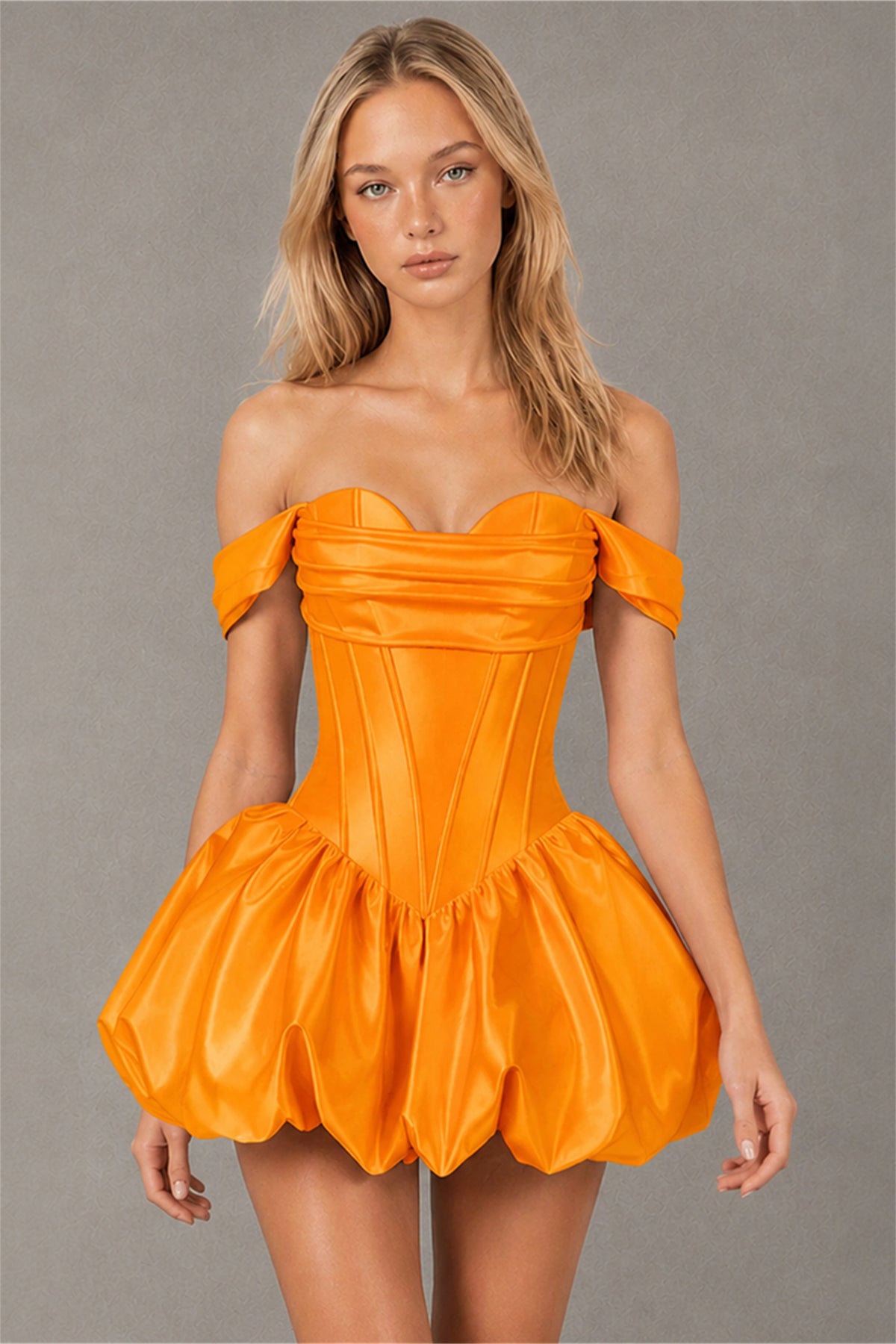 BOLODOO Orange Off-Shoulder Satin Corset Bubble Mini Dress - Orange