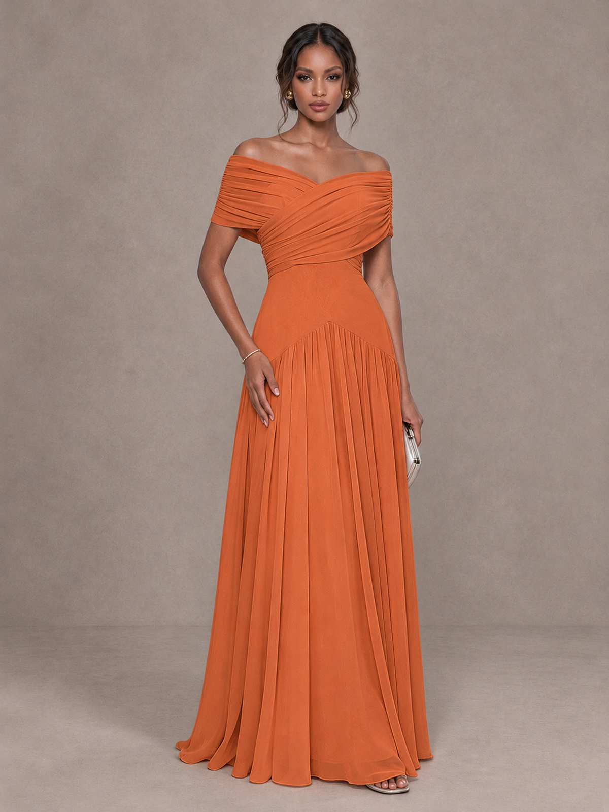 BOLODOO Orange Off-Shoulder Ruched A-Line Bridesmaid Dress - Orange - Orange (1)