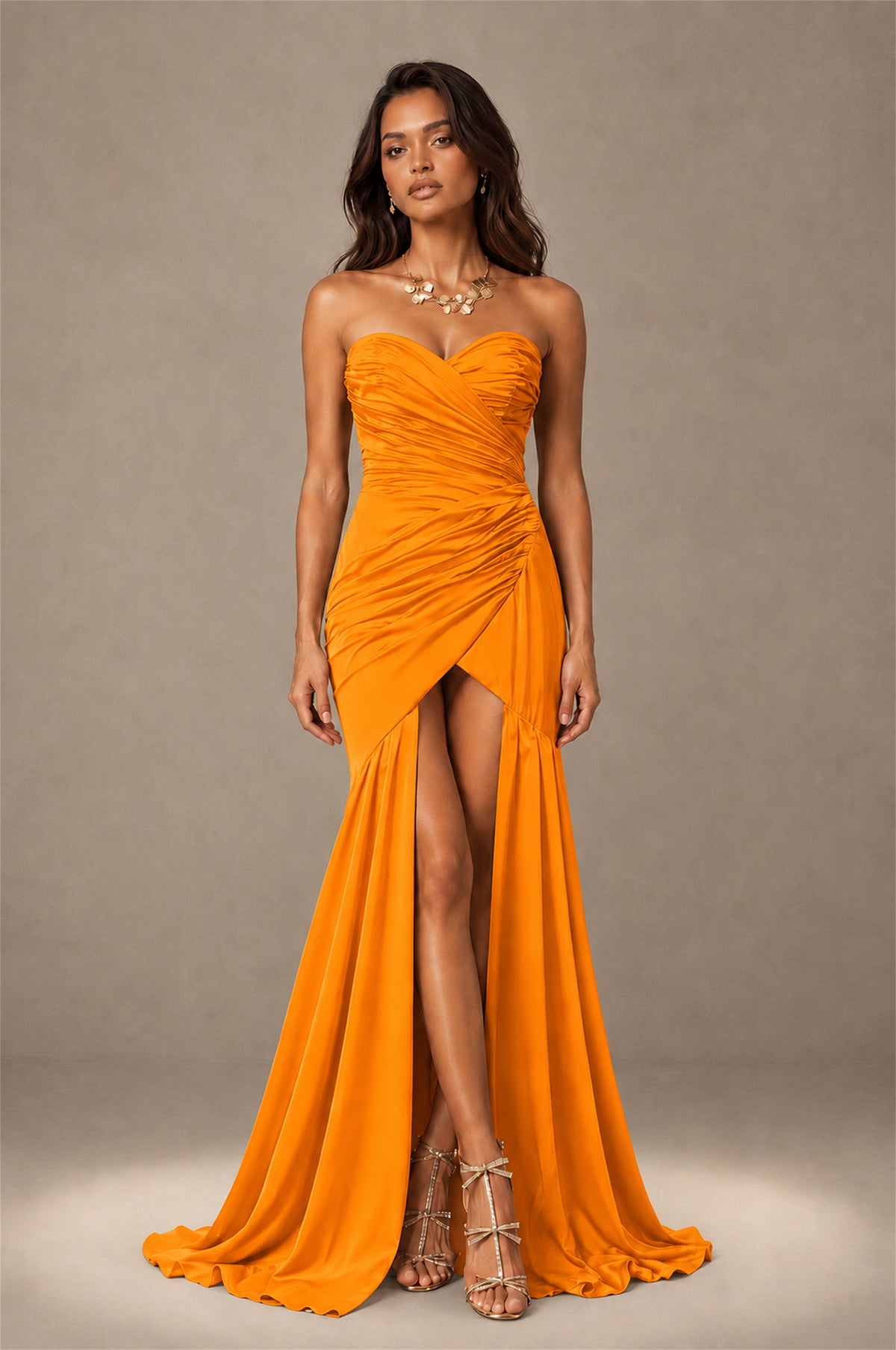 BOLODOO Orange Brown Stretch Satin Sweetheart Strapless Ruched Open Back High Slit Mermaid Maxi Dress - Orange