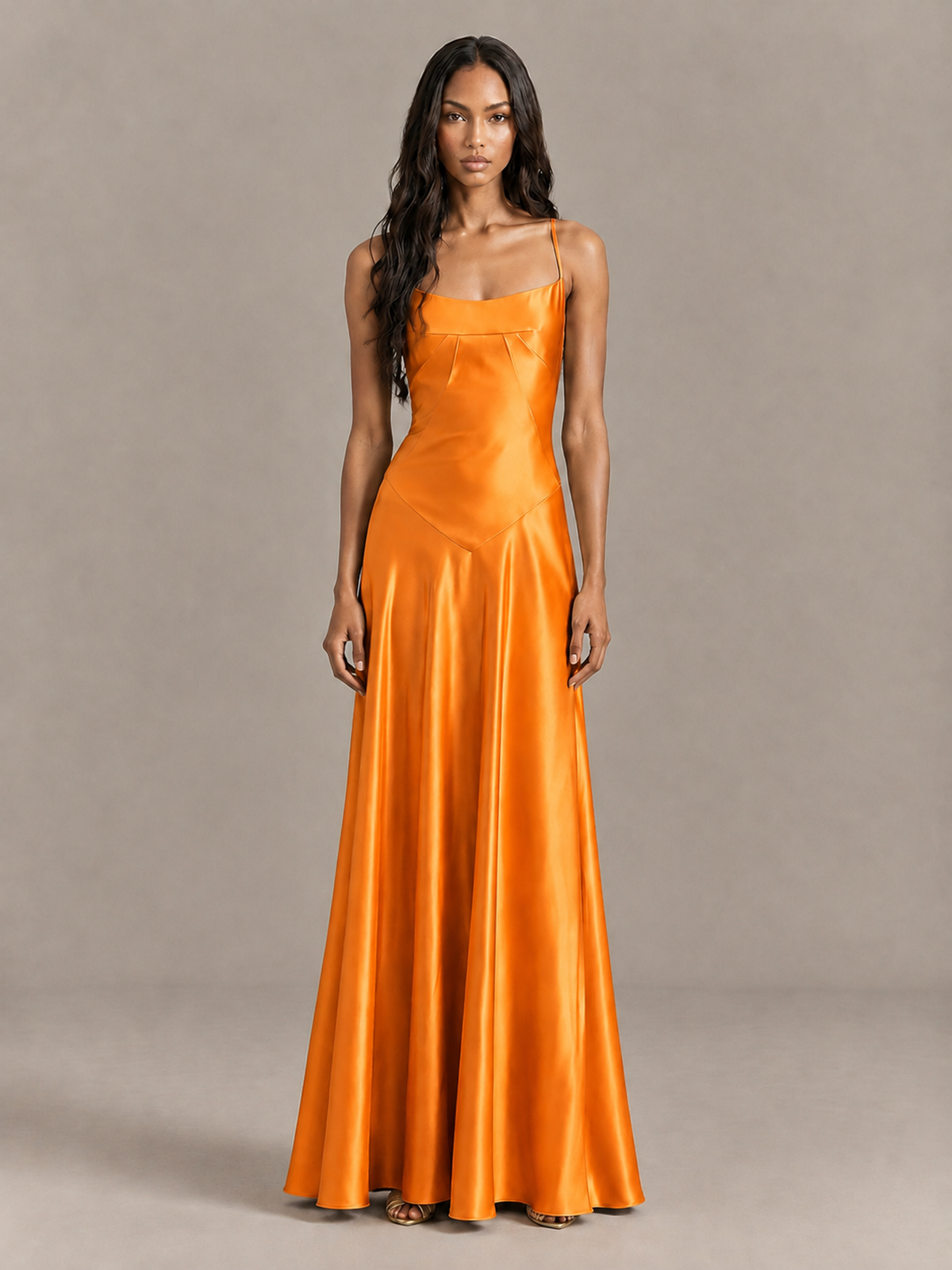 BOLODOO Orange Satin Lace-Up Back Maxi Dress - Orange