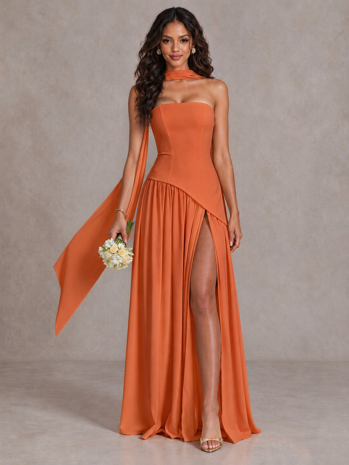 Orange Strapless Bridesmaid Dress with Scarf & High Slit - Orange - Orange (1)