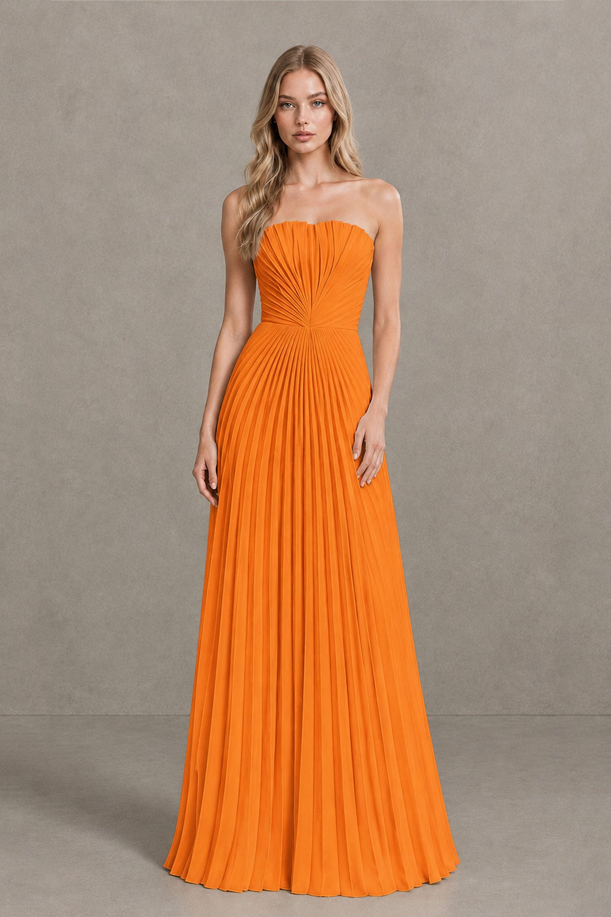 BOLODOO Orange Strapless Sunburst Pleated Twisted Knot Lace-Up Back Accordion Pleated Chiffon Maxi Dress - Orange