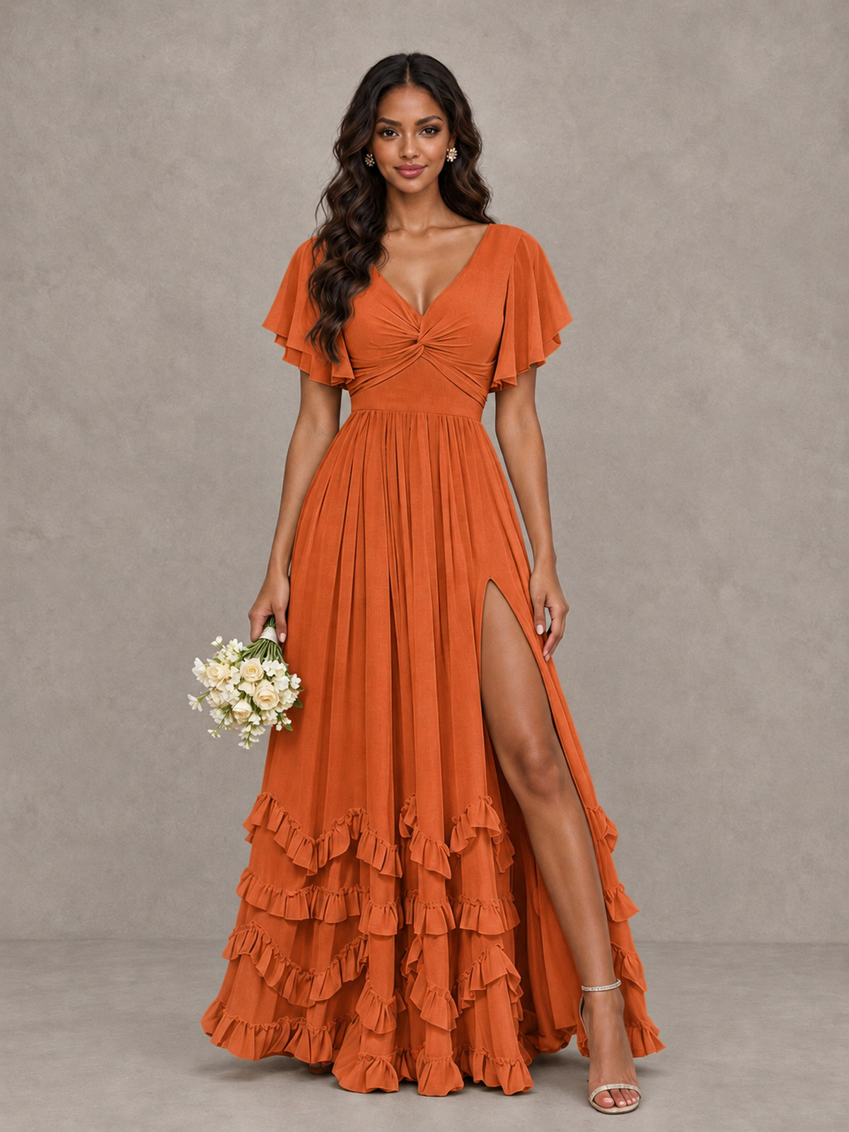 BOLODOO Orange V-Neck Flutter Sleeve Ruffle Bridesmaid Dress with Slit - Orange - Orange (1)