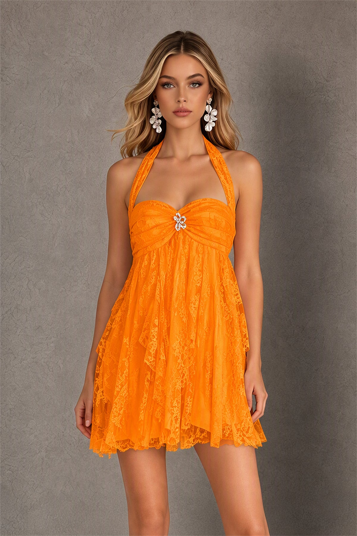 BOLODOO Orange Halter Neck Lace Ruffle Mini Dress | Open Back Rhinestone Brooch - Orange