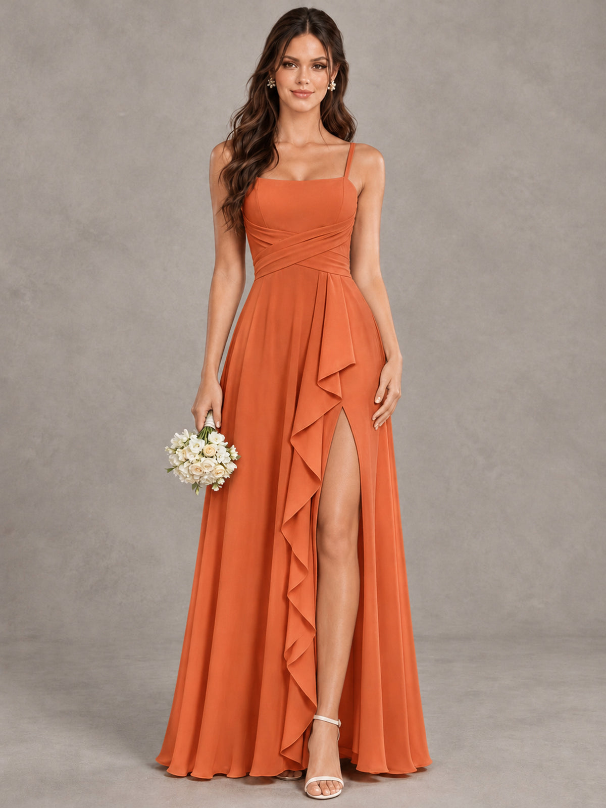BOLODOO Orange Spaghetti Strap Ruffle Bridesmaid Dress with Slit - Orange - Orange (1)